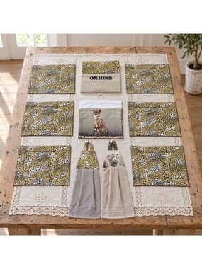 Leopard Cheetah Placemat Set 10 PC Onion Bag & Tea Towels Made in South Africa